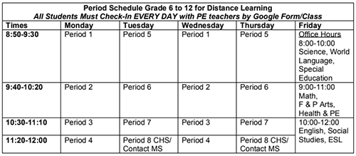 At-home Instruction Period Schedule, Grades 6-12 
